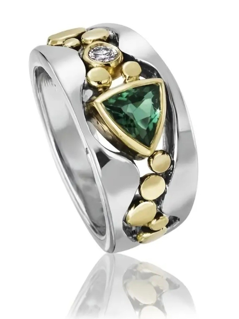 Sterling-Inspired Silver Ring with Green Teardrop Stone and Gold Accents